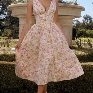 HOUSE OF CB EMMELINA DRESS PINK MEADOW COTTON CORSET PRINT SMALL PLUS CUP